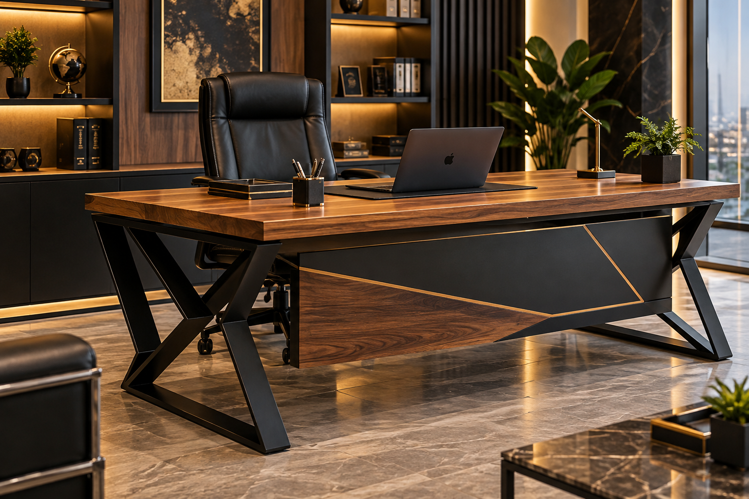 Modern wooden office table with custom steel frame