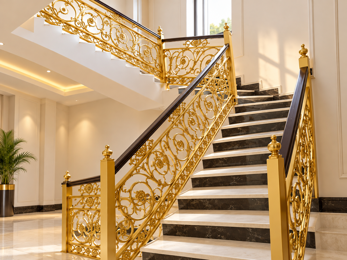 Golden decorative staircase railing